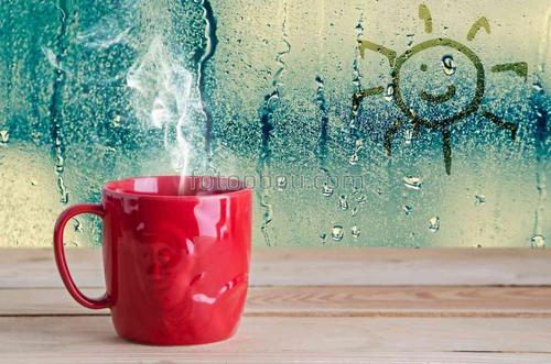 чашка, солнышко, смайлик, стекло, окно, капли, дождь, кофе