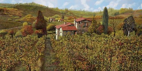 осень, поле, домик, виноградник, небо