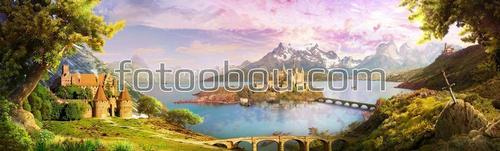 замок ,мост ,горы ,облака ,деревья ,природа ,трава