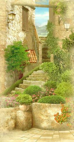 дворик, ступени, старый город, цветы