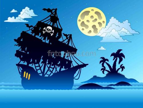 корабль, пираты, ночь, пальма, остров, луна