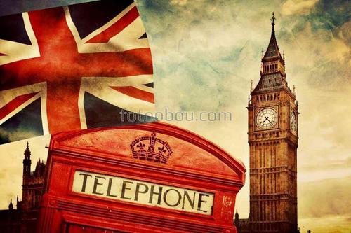 флаг, телефонная будка, часы, англия, лондон