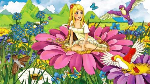 Дюймовочка, цветок, трава, птицы, бабочка, горы