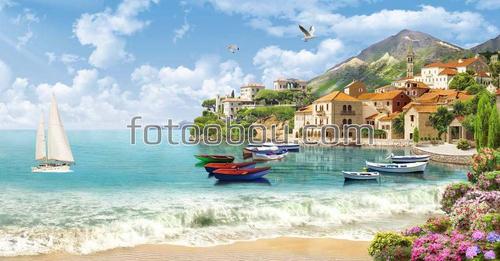 пляж, море, парусник, лодки, набережная, горы