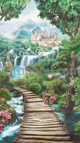 мост, замок, водопад ,природа, фламинго, цветы