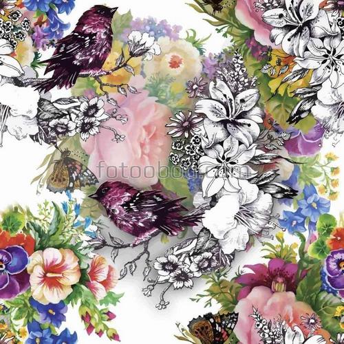 птицы, пионы, бабочки, цветы