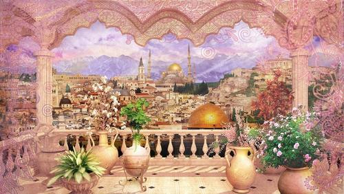 город, терраса, веранда, колоны, цветы