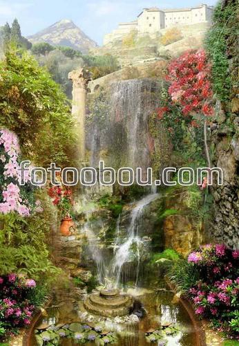 замок, водопад, колонна,  фонтан, сад