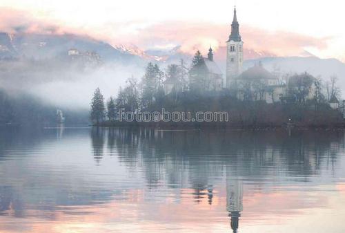 замок, берег, озеро, природа, туман, лес, закат