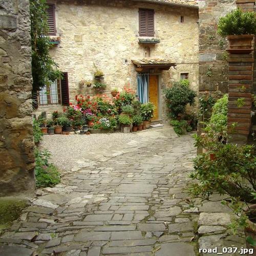 дома, улица, дорога, тротуар, камни, цветы