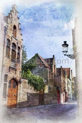 улица, город, картина, живопись, двор