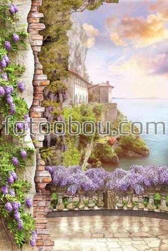 терраса, балкон, море, старый город, цветы