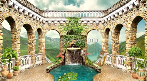 тигр, город, вода, арка, растения, водопад