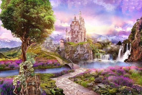замок, мостик, небо, дерево, водопад, цветы, горы