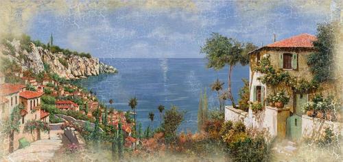 живопись, картина, город, море, улочки