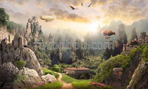 горы, небо, лес, замок, дирижабль