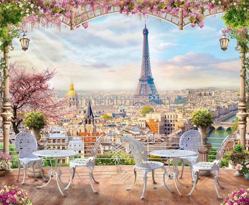 вид с балкона ,париж , столы ,стулья ,кафе ,
река, мост ,небо ,солнце ,дерево ,храм ,розовые цветы