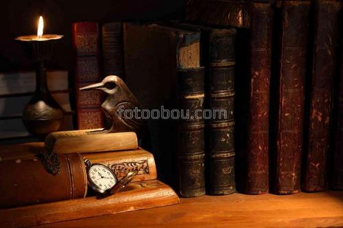 книги, библиотека, полка, часы