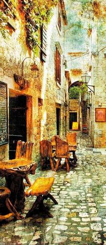 стол, стулья, лавочка, фонарь, дом, зелень