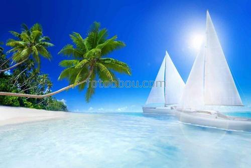 парусник, море, солнце, лучи, природа, остров, пляж, песок, море, пальмы