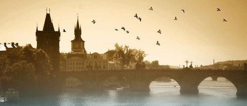 мост, вода, замок, птицы