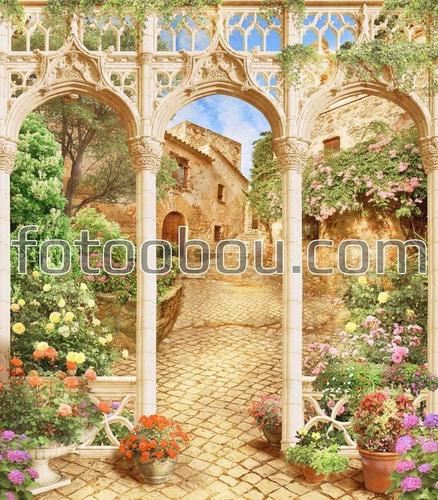 арки, колонны, цветы, улица, дворик, старый город