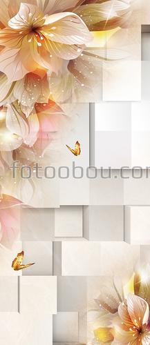 квадраты, нежность, цветы, расширяющие пространство, бабочки, 3Д, бежевые