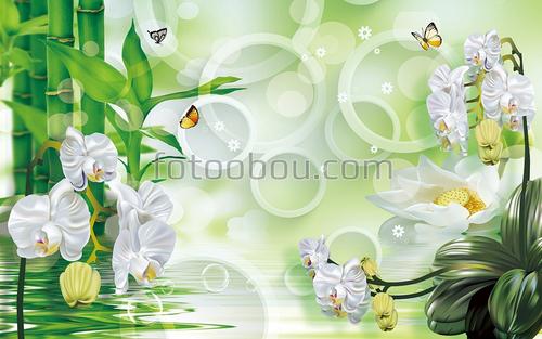 бамбук, цветы, трава, вода, стерео кольца, расширяющие пространство, 3Д