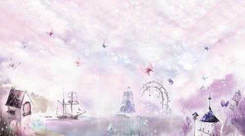 бабочки, дома, корабли, розовый, сказочный, сиреневый