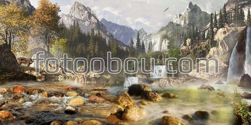 горы, лес, река, природа, водопады