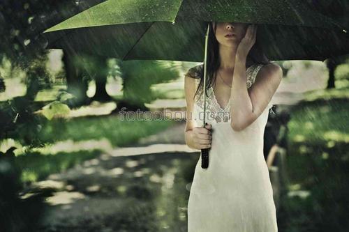 девушка, зонт, парк, дождь, природа