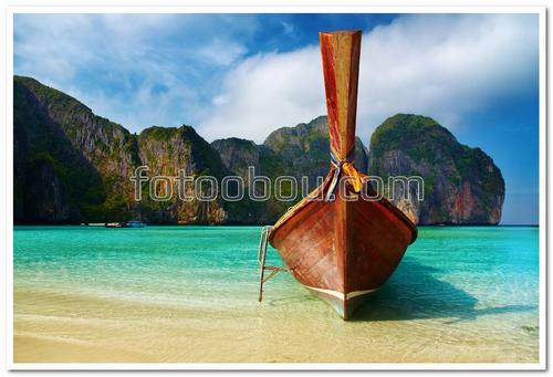 лодка, остров, вода, океан, горы, песок, пляж