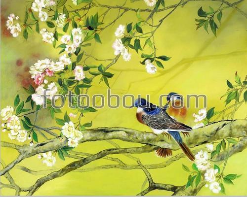 птицы, ветки, природа, цветы