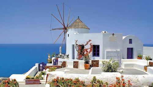 дом, цветы, мельница, белый, океан, небо, синий