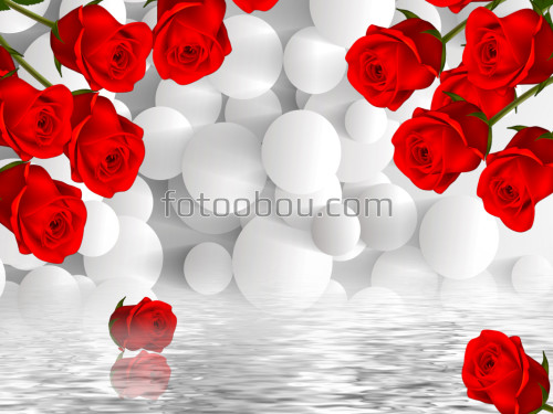 красные розы, Розы и шары 3д, шары, белый, красный