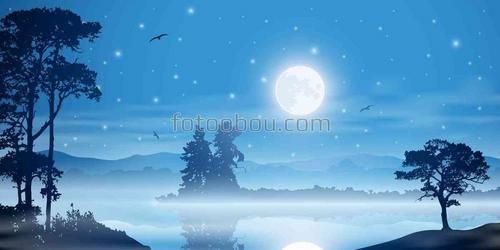 природа, озеро, туман, луна, звезды, ночь, птицы, деревья