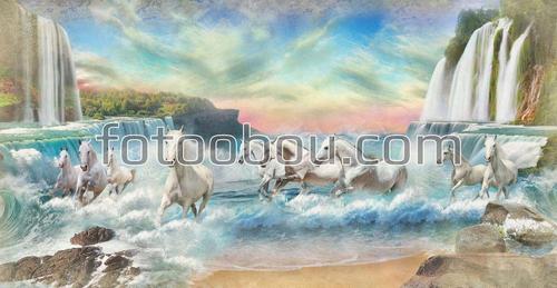 лошади, водопады, море, природа