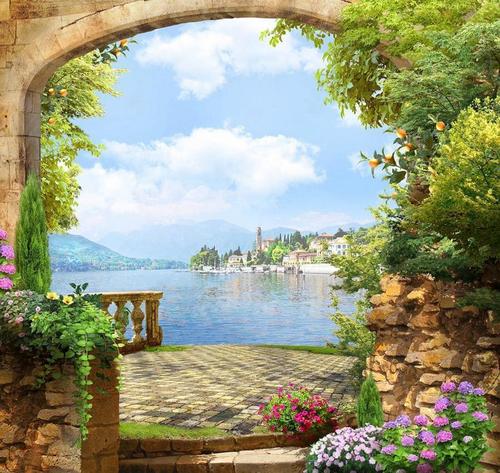 терраса, природа, море, набережная, цветы