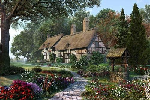 домик, дорога, природа, лес, колодец