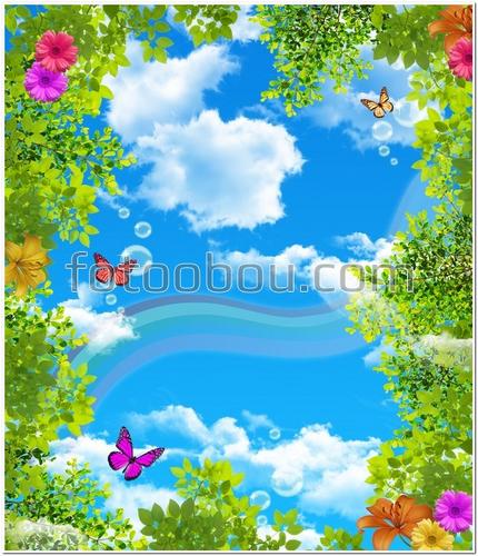 небо, облака, цветы, листья, бабочки