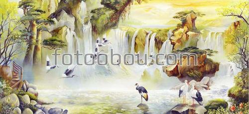 живопись, картина, природа, птицы, журавли, водопад