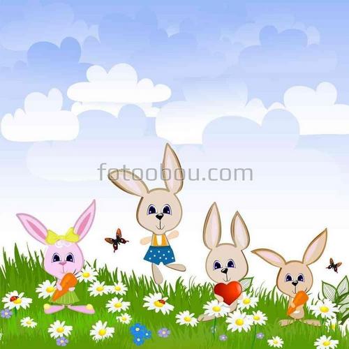 лужайка, цветы, зайчики, бабочки, морковь, сердечко, солнышко