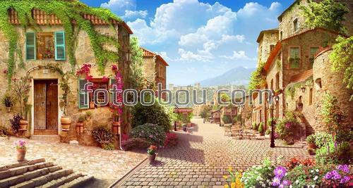 старый город, замок, италия, цветы, облака