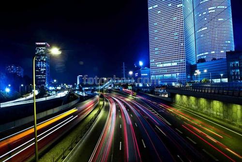 ночь, дороги, город, огни, небоскребы