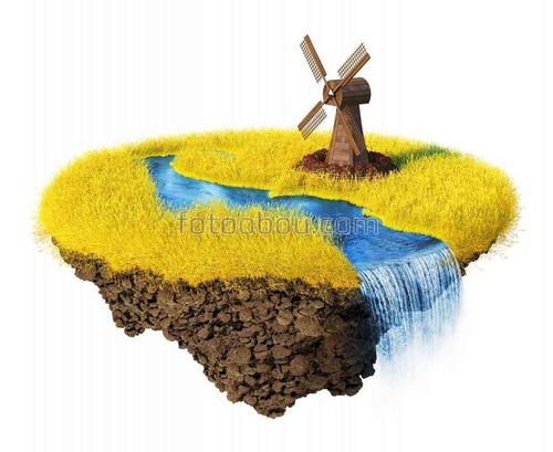 мельница, река, природа, поле, пшеница