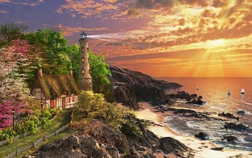 маяк, домик, море, пляж, горы