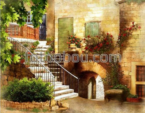 дворик, улица, город, лестница, живопись