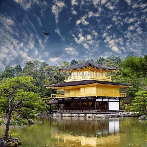 япония, замок, храм, природа, озеро