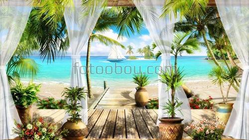 пляж, пальмы, остров, море, веранда,  песок, рай, райское наслаждение