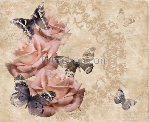 Бабочки, розы 3д, винтаж, фотообои розы